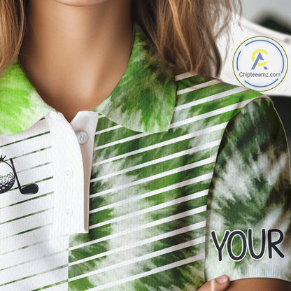 White And Green Womens Tie Dye Golf Polo Shirts Custom Golf Human Golf Team Polo Shirts NHT622