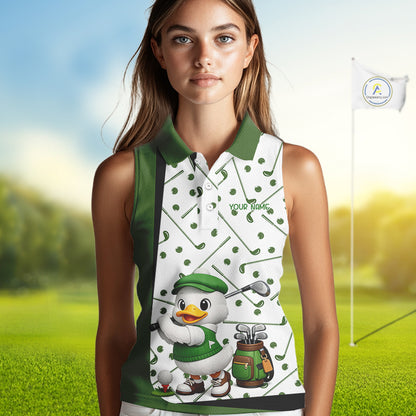 Custom Green & White Funny Duck Sleeveless Golf Shirt For Womens, Golf Jersey Pattern For Ladies NHT625