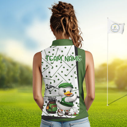 Custom Green & White Funny Duck Sleeveless Golf Shirt For Womens, Golf Jersey Pattern For Ladies NHT625