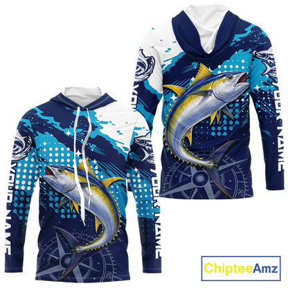 Custom Yellowfin Tuna Hooded Long Sleeve Fishing Shirts For Men, Design Tuna Fishing Jerseys NHT634