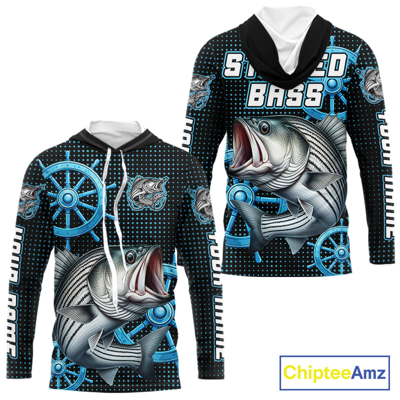 Personalized Striped Bass Fishing Jerseys, Hooded Bass Performance Fishing Shirt Custom Name NHT501
