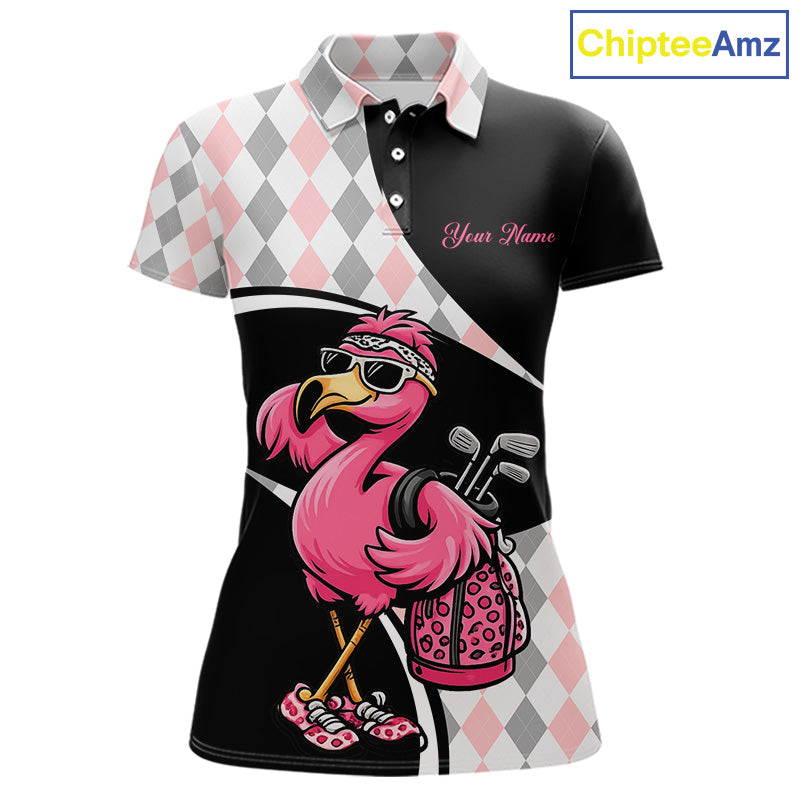 Funny Pink Flamingo Pattern Argyle Golf Polo Shirt For Womens, Custom Flamingo Golf Shirt For Team NHT652