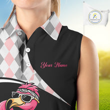 Load image into Gallery viewer, Funny Pink Flamingo Pattern Argyle Sleeveless Womens Golf Polo Shirt, Custom Flamingo Golf Shirt For Team NHT652