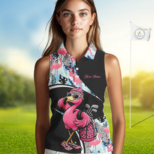 Load image into Gallery viewer, Funny Pink Flamingo Pattern Tropical Flamingo Sleeveless Womens Golf Polo Shirt, Custom Flamingo Golf Shirt For Team NHT653