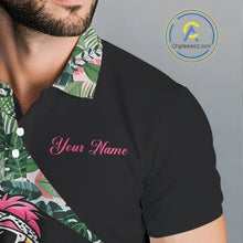 Load image into Gallery viewer, Funny Pink Flamingo Pattern Green Tropical Golf Polo Shirt For Men, Custom Flamingo Golf Shirt For Team NHT654