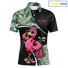 Load image into Gallery viewer, Funny Pink Flamingo Pattern Green Tropical Golf Polo Shirt For Men, Custom Flamingo Golf Shirt For Team NHT654