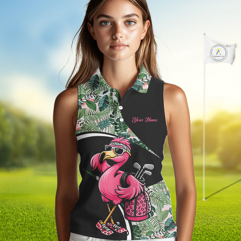 Funny Pink Flamingo Pattern Green Tropical Sleeveless Womens Golf Polo Shirt, Custom Flamingo Golf Shirt For Team NHT654