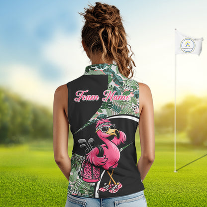 Funny Pink Flamingo Pattern Green Tropical Sleeveless Womens Golf Polo Shirt, Custom Flamingo Golf Shirt For Team NHT654