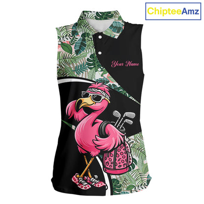 Funny Pink Flamingo Pattern Green Tropical Sleeveless Womens Golf Polo Shirt, Custom Flamingo Golf Shirt For Team NHT654
