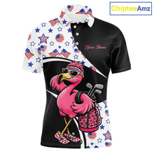 Load image into Gallery viewer, Funny Pink Flamingo Pattern American Flag Golf Polo Shirt For Men, Custom Flamingo Golf Shirt For Team NHT655