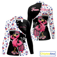 Load image into Gallery viewer, Funny Pink Flamingo Pattern American Flag Golf Polo Shirt For Womens, Custom Flamingo Golf Shirt For Team NHT655