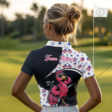 Load image into Gallery viewer, Funny Pink Flamingo Pattern American Flag Golf Polo Shirt For Womens, Custom Flamingo Golf Shirt For Team NHT655