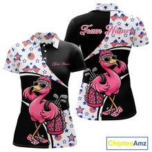 Load image into Gallery viewer, Funny Pink Flamingo Pattern American Flag Golf Polo Shirt For Womens, Custom Flamingo Golf Shirt For Team NHT655