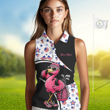Load image into Gallery viewer, Funny Pink Flamingo Pattern American Flag Sleeveless Womens Golf Polo Shirt, Custom Flamingo Golf Shirt For Team NHT655