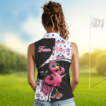 Load image into Gallery viewer, Funny Pink Flamingo Pattern American Flag Sleeveless Womens Golf Polo Shirt, Custom Flamingo Golf Shirt For Team NHT655