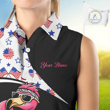 Load image into Gallery viewer, Funny Pink Flamingo Pattern American Flag Sleeveless Womens Golf Polo Shirt, Custom Flamingo Golf Shirt For Team NHT655