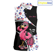 Load image into Gallery viewer, Funny Pink Flamingo Pattern American Flag Sleeveless Womens Golf Polo Shirt, Custom Flamingo Golf Shirt For Team NHT655