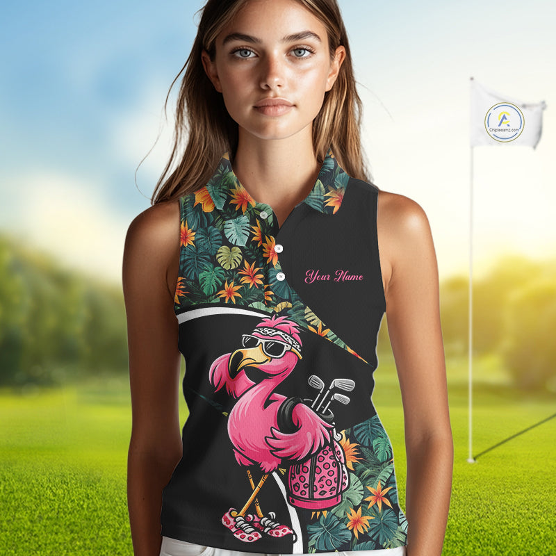 Funny Pink Flamingo Green Tropical Sleeveless Womens Golf Polo Shirt, Custom Flamingo Golf Shirt For Team NHT656