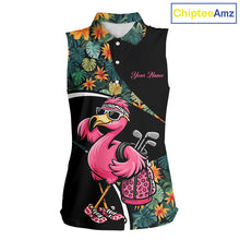 Load image into Gallery viewer, Funny Pink Flamingo Green Tropical Sleeveless Womens Golf Polo Shirt, Custom Flamingo Golf Shirt For Team NHT656