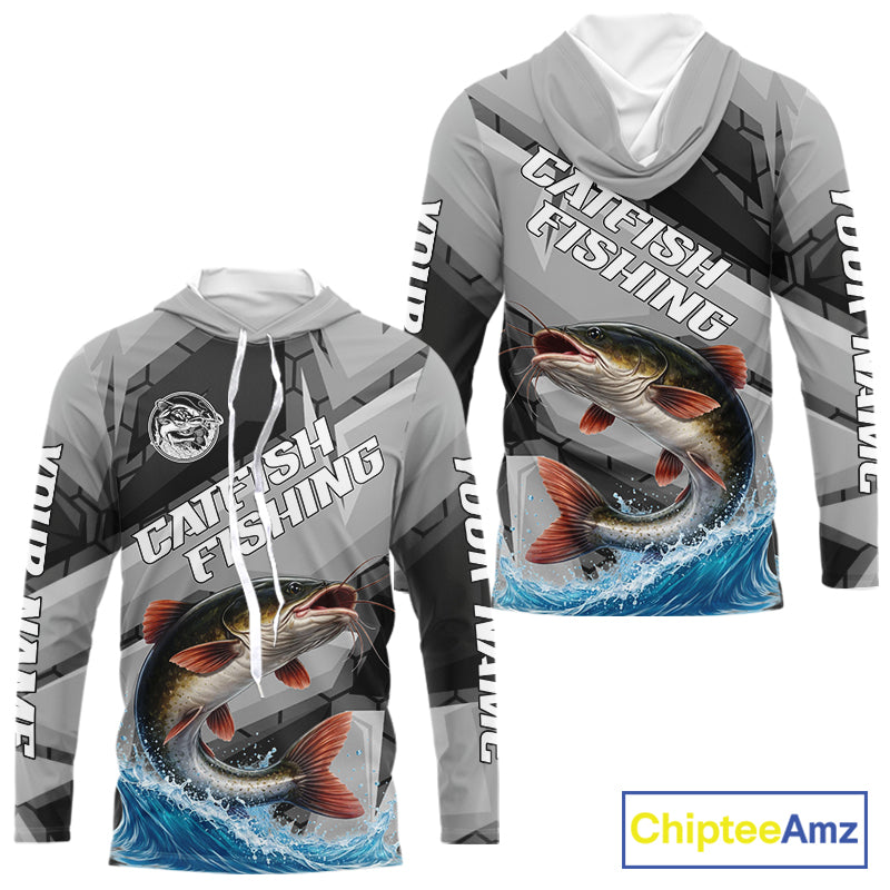 Gray Camo Custom Catfish Fishing Shirts Long Sleeve, Catfish Fishing Jerseys For Men NHT445