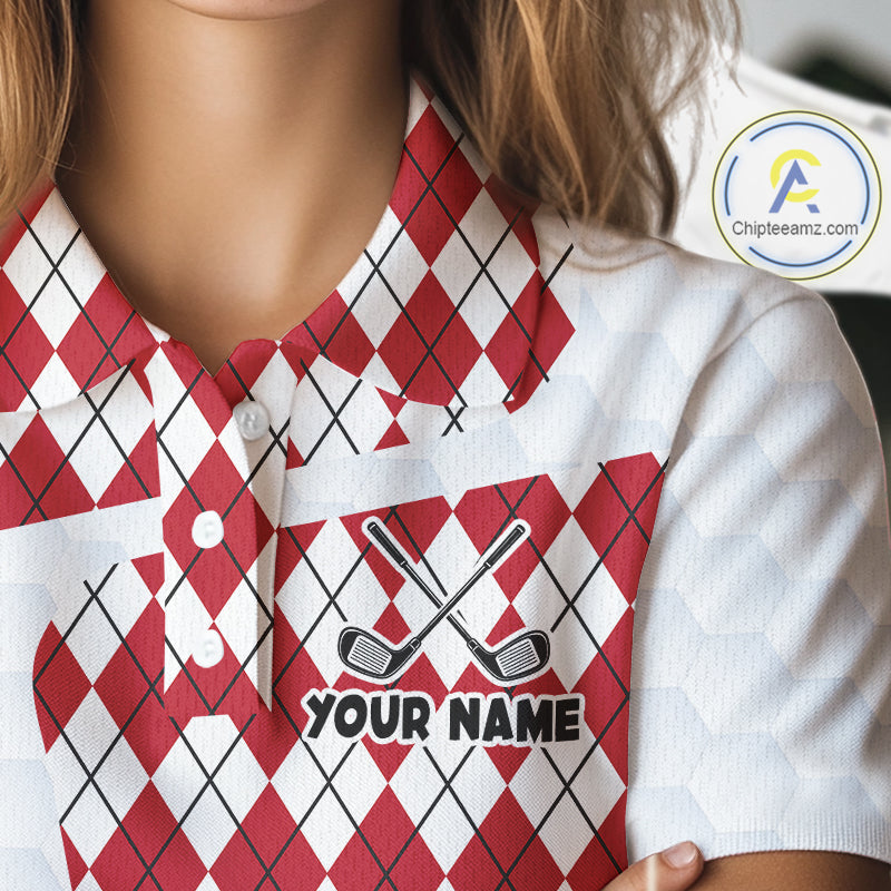 Womens Golf Polo Shirt Argyle Pattern Golf Shirts For Womens Funny Golf Ball Shirt Gifts|Red  NHT861