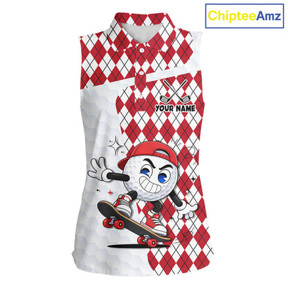 Sleeveless Women Golf Polo Shirt Argyle Pattern Golf Shirts For Womens Funny Golf Ball Shirt Gifts|Red  NHT861