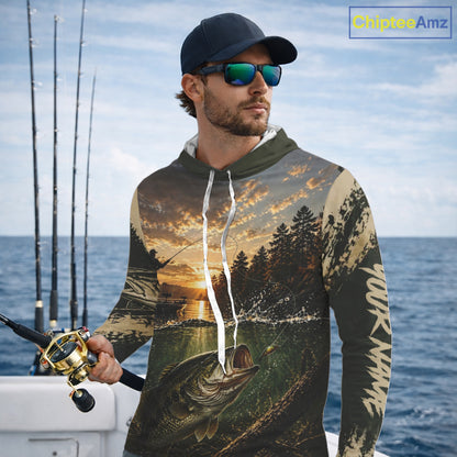 Personalized Bass Hooded Fishing Shirt – Angler Sunset Lake Design, Outdoor Fishing Apparel Gift For Dad NHT866