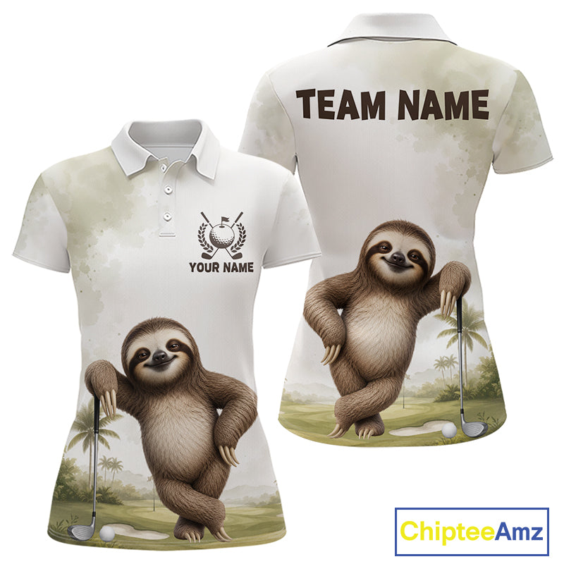 Golf-themed polo shirt with sloth graphics on a white background, featuring 'Chiptee Amz' branding.