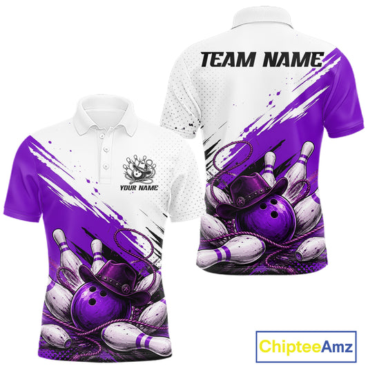 Front and back views of a short-sleeve polo shirt on a white background. The shirt features a white upper chest and collar, a purple and white brushstroke pattern across the sleeves and body, and a bowling-themed graphic with purple bowling balls, pins, and a cowboy hat near the hem.