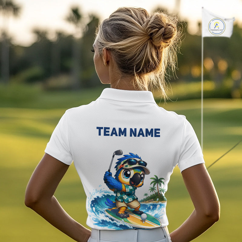 Tropical beach bird womens golf polo shirt, personalized surfing parrot print, side view.