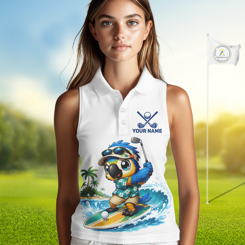 Tropical beach bird womens sleeveless golf polo shirt, personalized surfing parrot design, custom golf team shirt side view