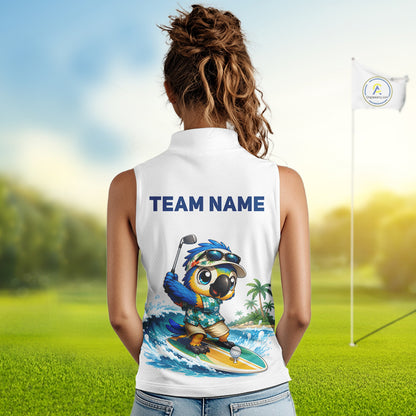 Tropical beach bird womens sleeveless golf polo shirt, personalized surfing parrot design, custom golf team shirt side view