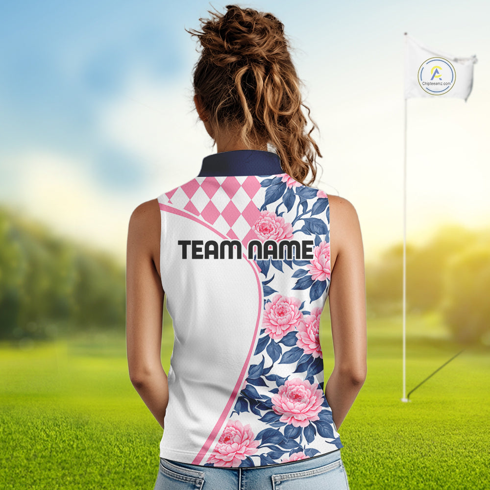 Personalized Pink Tropical Flower Womens Sleeveless Golf Tops Custom Team Golf Shirts, Familly Team Shirt NHT699