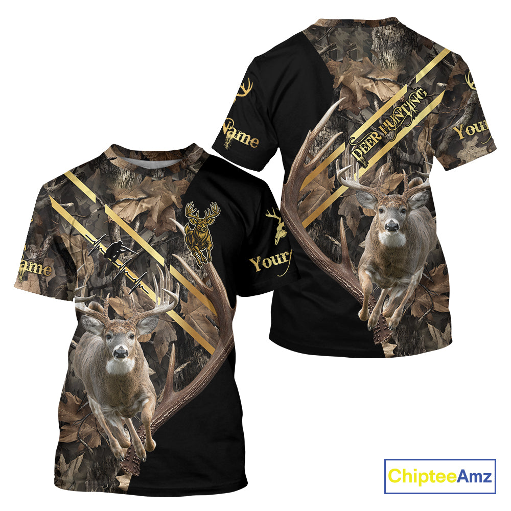 Brown Forest Camo Deer Hunting Shirt – Running Buck Graphic, Personalized Name For Hunter NHT342