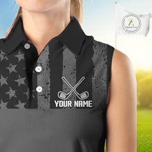 Load image into Gallery viewer, Black White American Flag Sleeveless Womens Golf Polo Shirts Custom Name, Team Name For Women Golf Gift NHT886