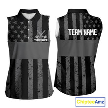 Load image into Gallery viewer, Black White American Flag Sleeveless Womens Golf Polo Shirts Custom Name, Team Name For Women Golf Gift NHT886