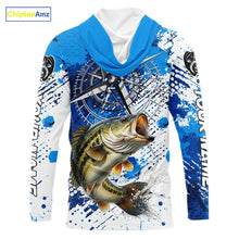 Load image into Gallery viewer, Blue Camo Custom Largemouth Bass Compass Hooded Long Sleeve Tournament Fishing Shirts NHT527