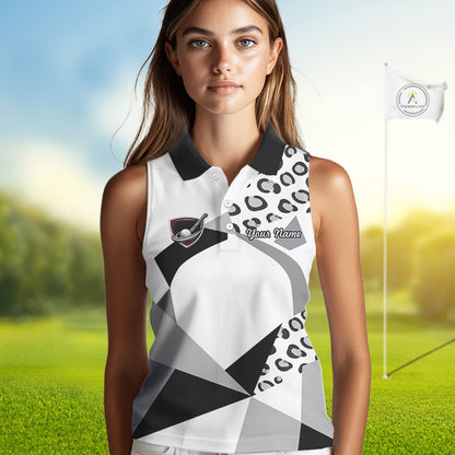 Geometric Leopard Fusion Performance Womens Sleeveless Golf Polo Shirt, Golf Gift For Womens NHT722