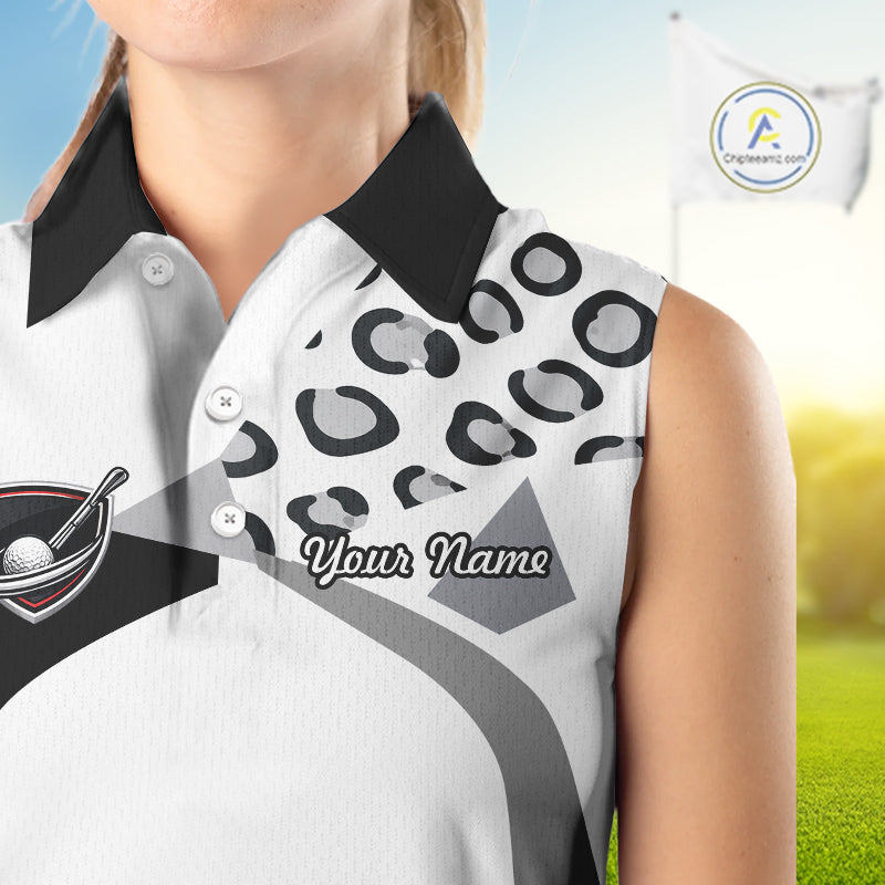 Geometric Leopard Fusion Performance Womens Sleeveless Golf Polo Shirt, Golf Gift For Womens NHT722