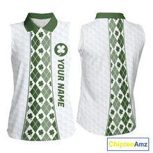 Load image into Gallery viewer, White &amp; Green Irish Argyle Womens Sleeveless Golf Polo Shirt St Patrick Day For Family Team Shirt  NHT724