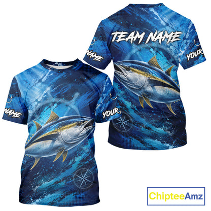 Back view of custom tuna fishing shirt made from breathable polyester with UPF 30+ sun protection.