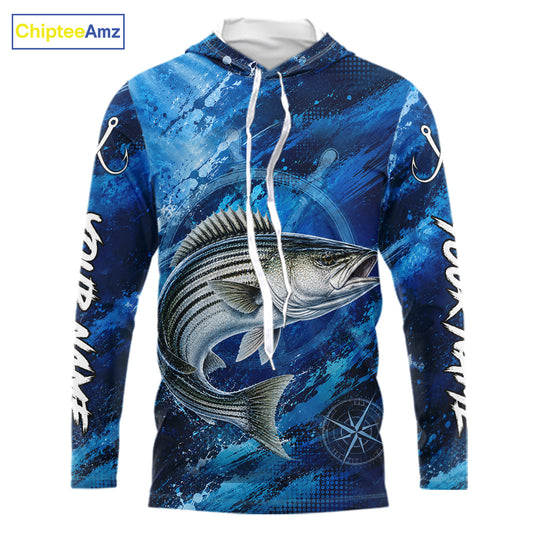 Custom Striped Bass Fishing Jersey long sleeve hooded shirt with striped bass graphic and performance fit.