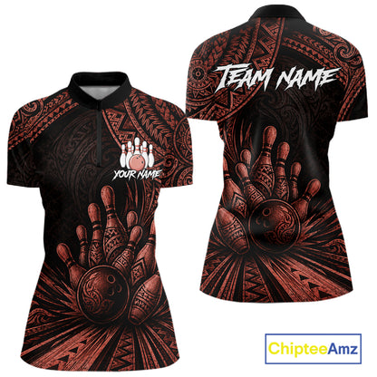 Front and back views of a women's short-sleeve polo shirt with a black base and a red tribal-inspired bowling hand graphic. The front features a bowling pins icon with 'YOUR NAME' text, and the back has 'TEAM NAME' text.