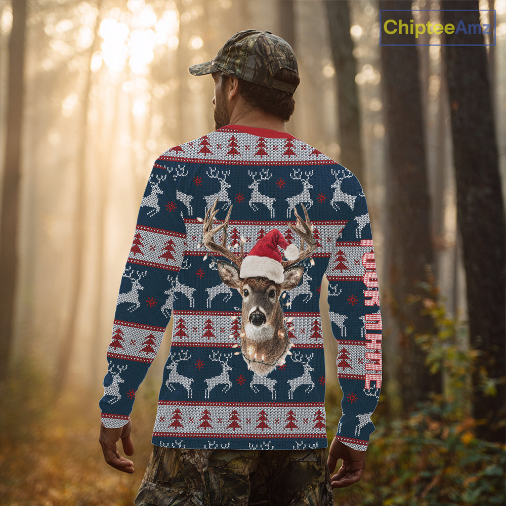 Funny Ugly Sweater Pattern Deer Hunting Customized Name All Over Print Shirts Christmas Shirt NHT305