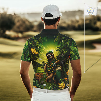 Custom Green Funny Sloth Tropical Mens Golf Polo Shirts, Golf Tournament Jersey For Men NHT927