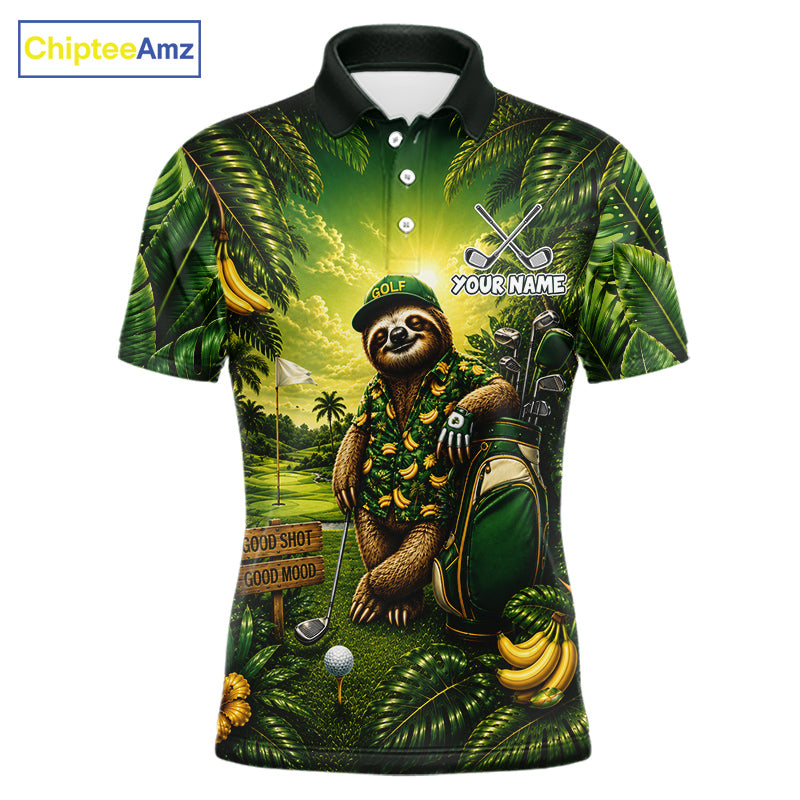 Custom Green Funny Sloth Tropical Mens Golf Polo Shirts, Golf Tournament Jersey For Men NHT927