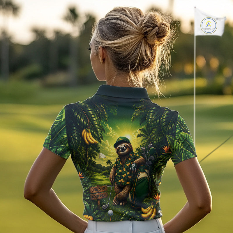 Custom Green Funny Sloth Tropical Womens Golf Polo Shirts, Golf Team Jersey For Women NHT927