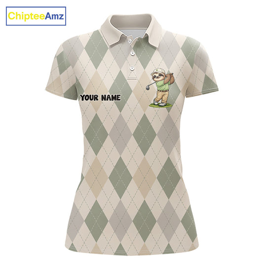 Personalized Sloth Golfer Polo Shirt Funny Golf Argyle Pattern Custom Name Golf Lover Gift for Womens 