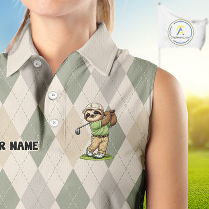 Personalized Sloth Womens Sleeveless Golf Polo Shirt Funny Golf Argyle Pattern Custom Name Golf Lover Gift