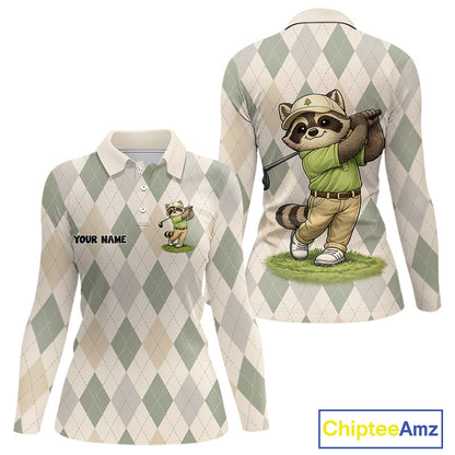 Personalized Raccoon Golfer Polo Shirt Funny Golf Argyle Pattern Custom Name Golf Lover Gift for Womens 
